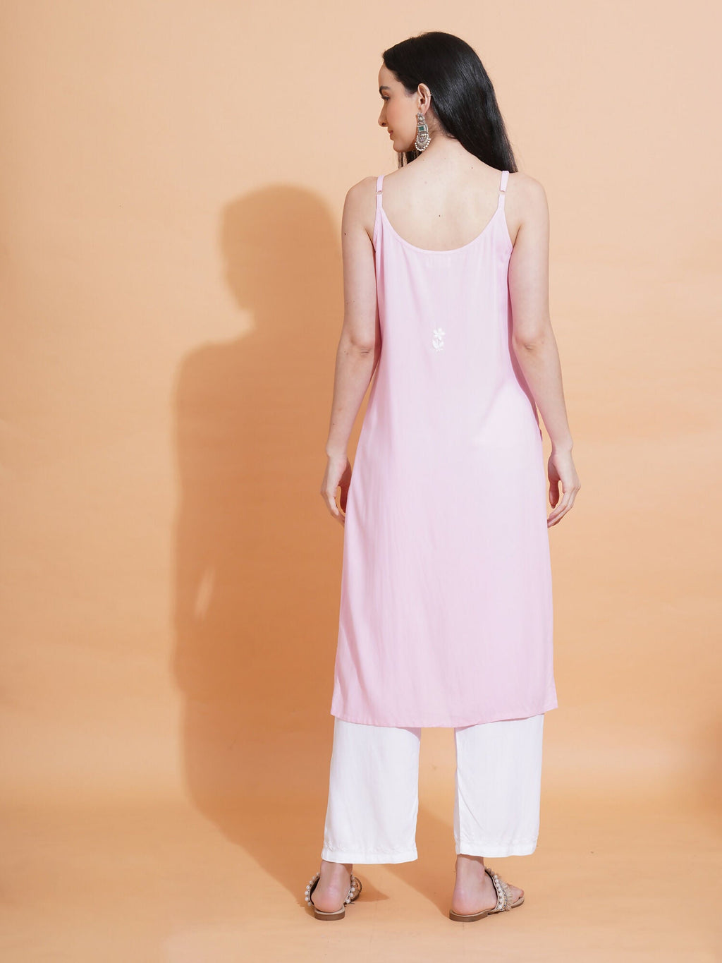 Pahnaz Luxury Rayon Chikankari Sleeveless Long Kurti-Pink | Grocsy