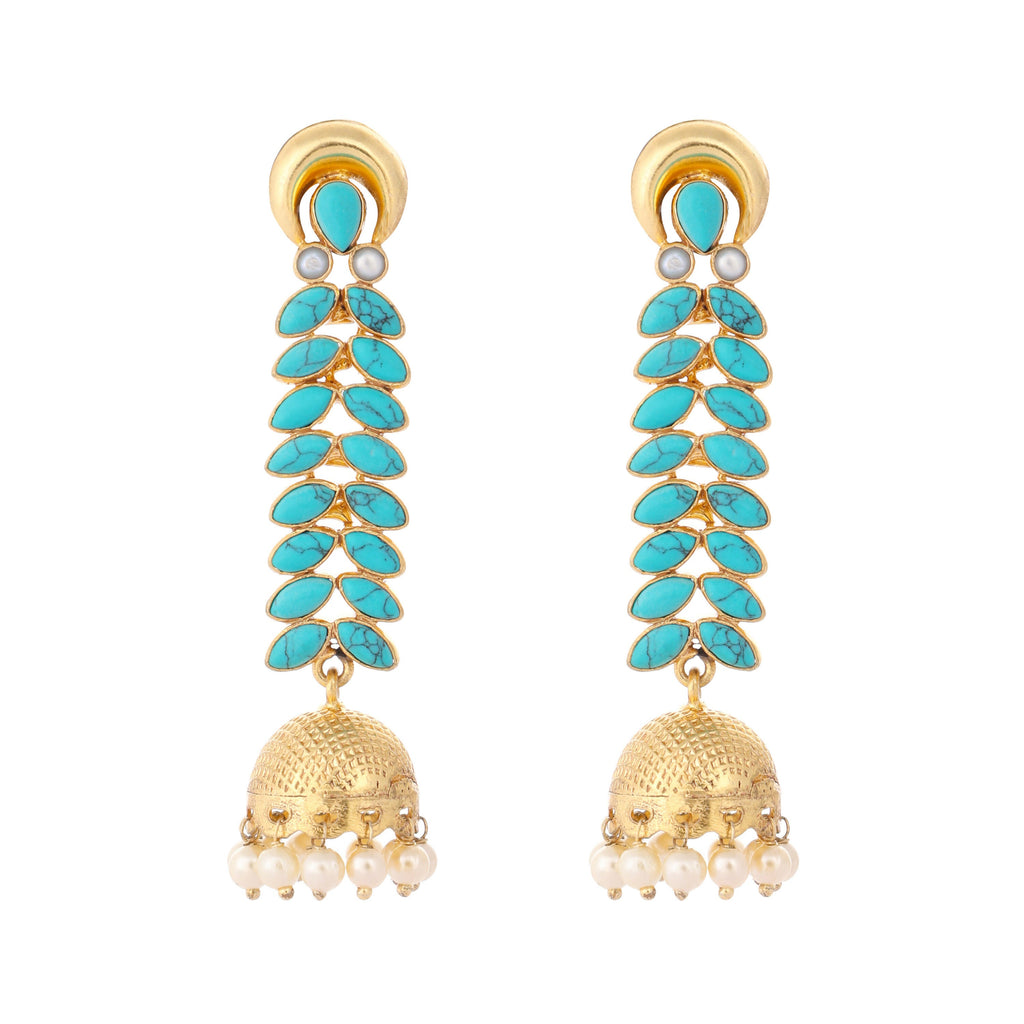 Nuyug 22K Gold Plated Pearl & Turquoise Stone Studded Contemporary Shaped Jhumkas | Grocsy