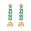 Nuyug 22K Gold Plated Pearl & Turquoise Stone Studded Contemporary Shaped Jhumkas | Grocsy