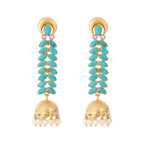 Nuyug 22K Gold Plated Pearl & Turquoise Stone Studded Contemporary Shaped Jhumkas | Grocsy