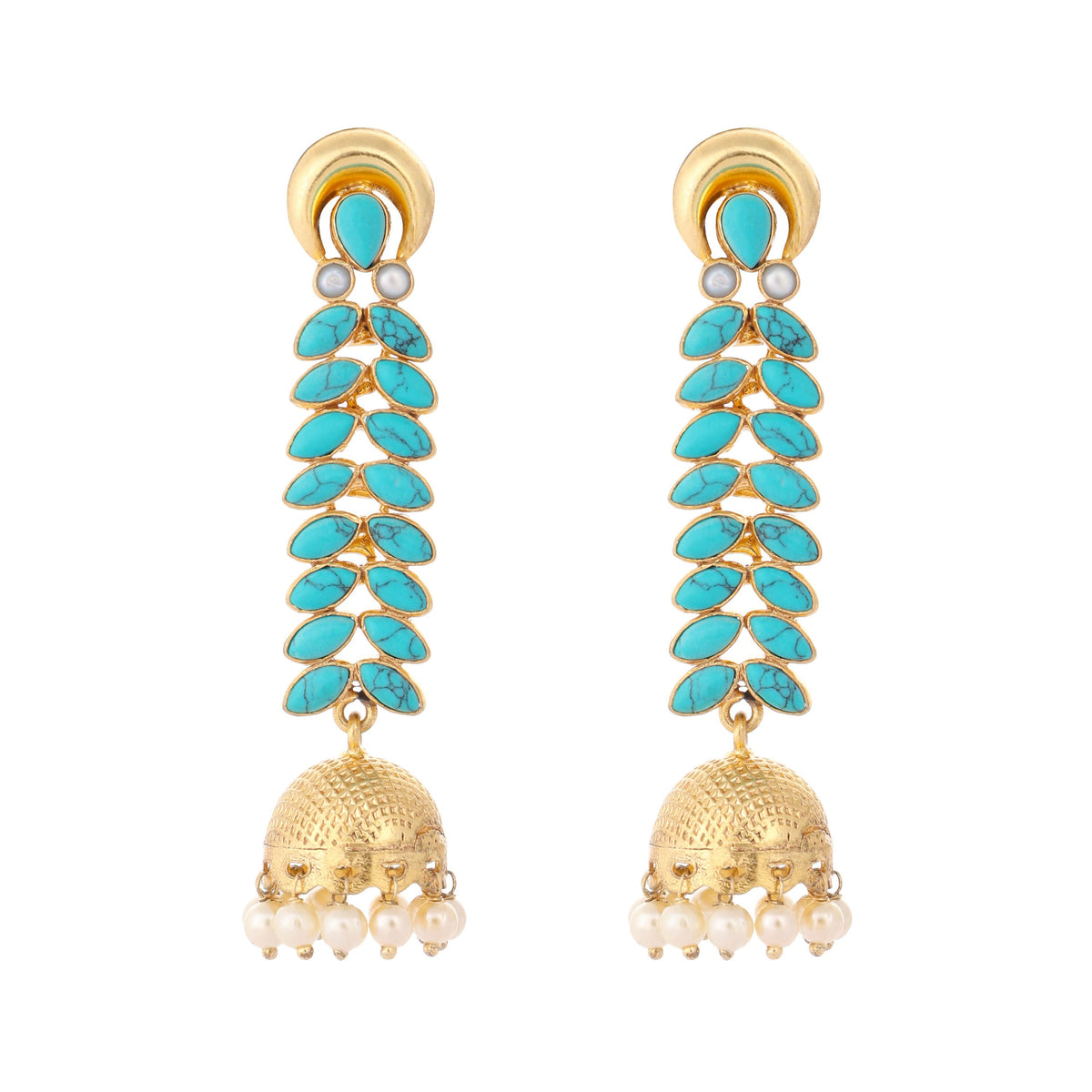 Nuyug 22K Gold Plated Pearl & Turquoise Stone Studded Contemporary Shaped Jhumkas | Grocsy