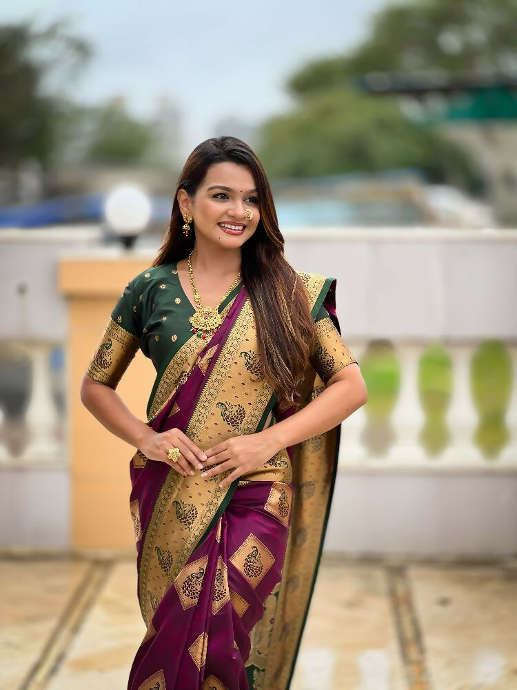 PR Fashion Wine Soft Banarasi Silk With Zari Weaving Meenakari Design Saree | Grocsy