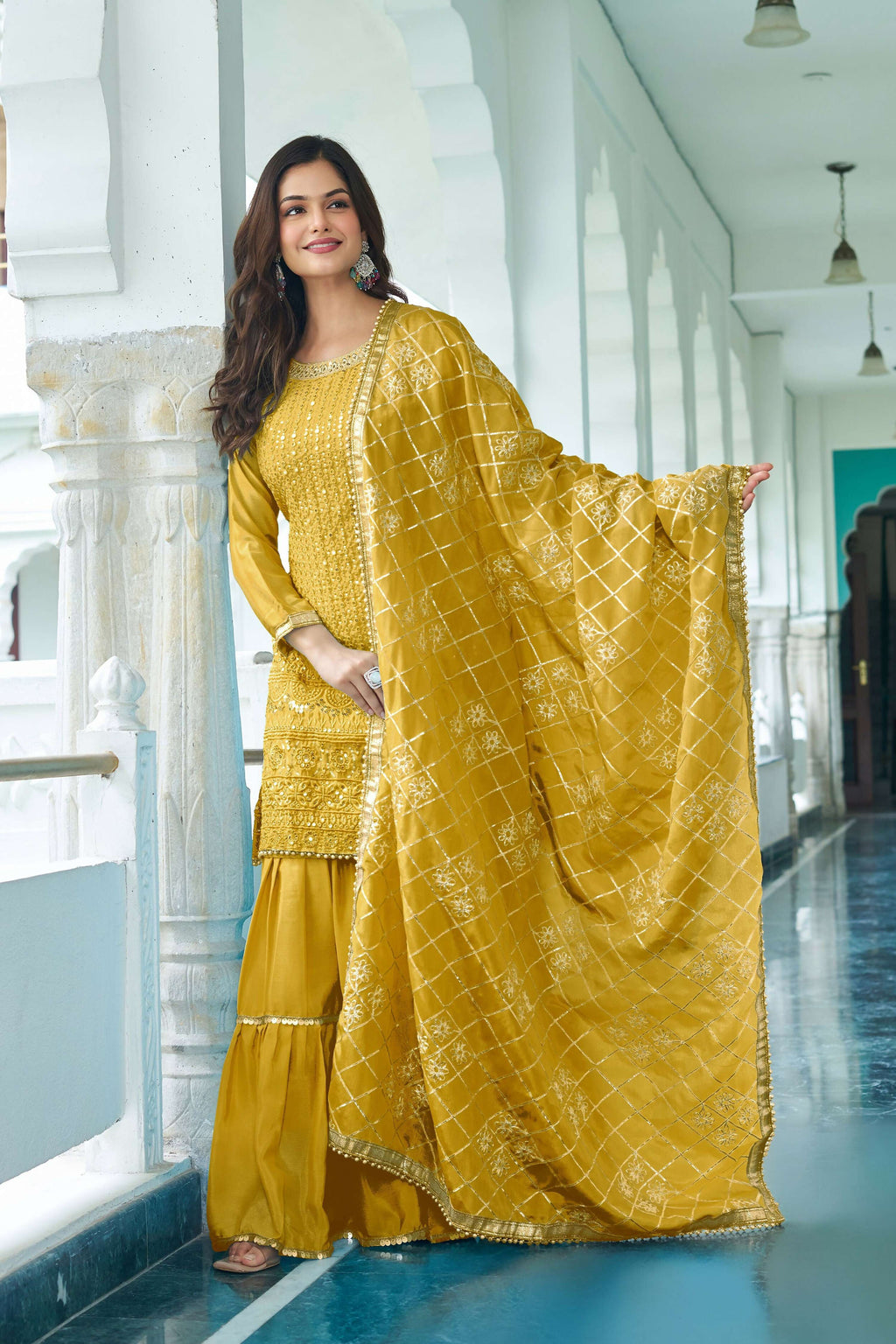 Joban Fashion Yellow Kurta Set Chinon Silk Embroidery Sequence Work | Grocsy