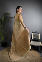 Joban Fashion Ivory Banarasi Soft Lichi Silk Checks & Woven Saree | Grocsy