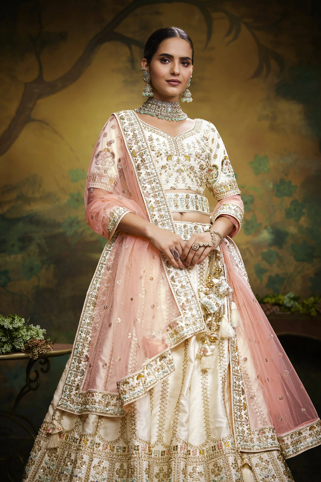 House of Panchhi Off White Pure Silk Moti & Zarkan heavy embroidery Lehenga choli & Dupatta | Grocsy
