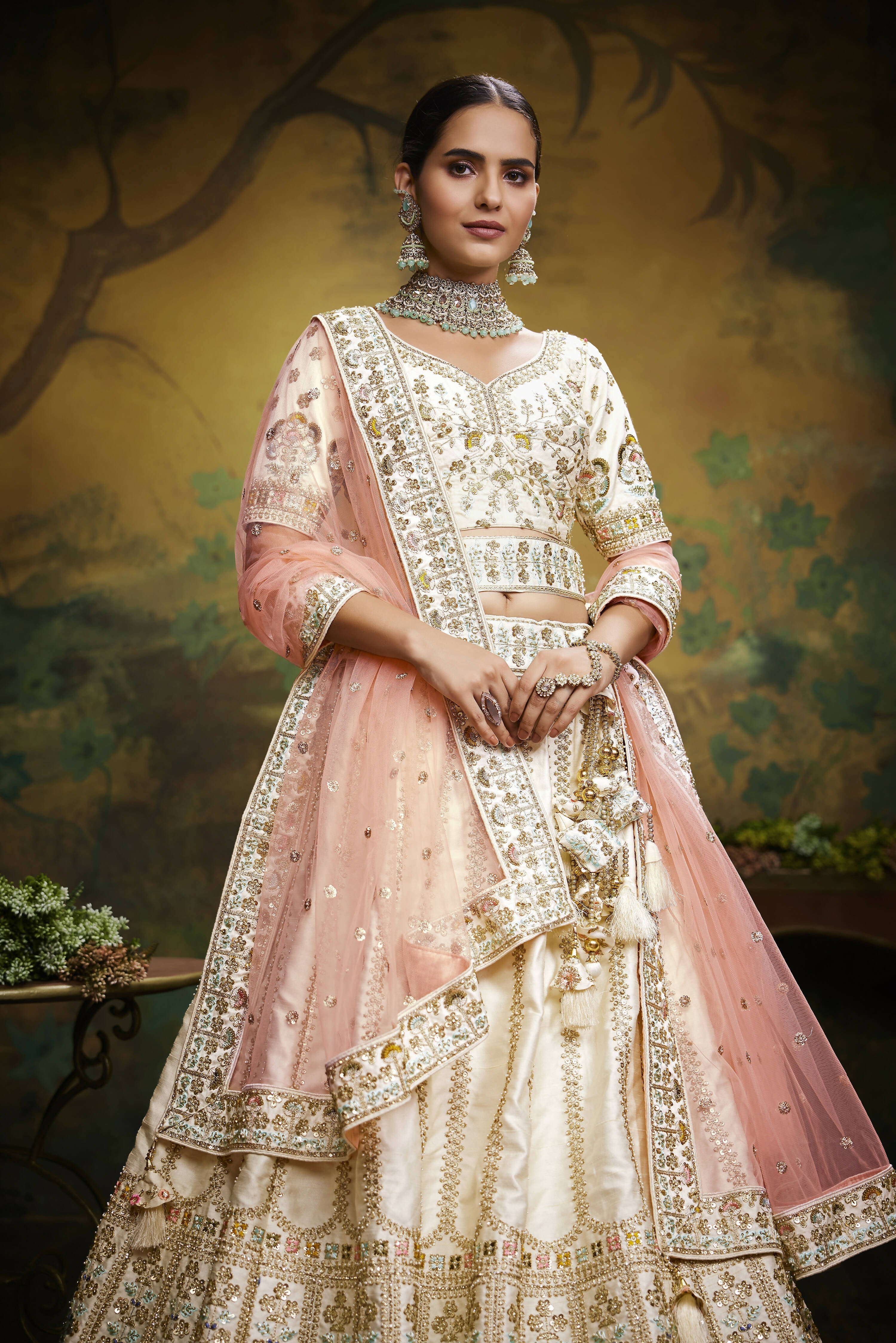 House of Panchhi Off White Pure Silk Moti & Zarkan heavy embroidery Lehenga choli & Dupatta | Grocsy
