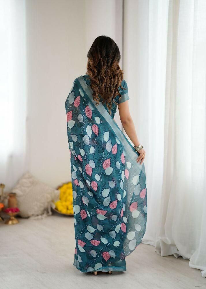 PR Fashion Morpich Linen Patta Printed Saree | Grocsy
