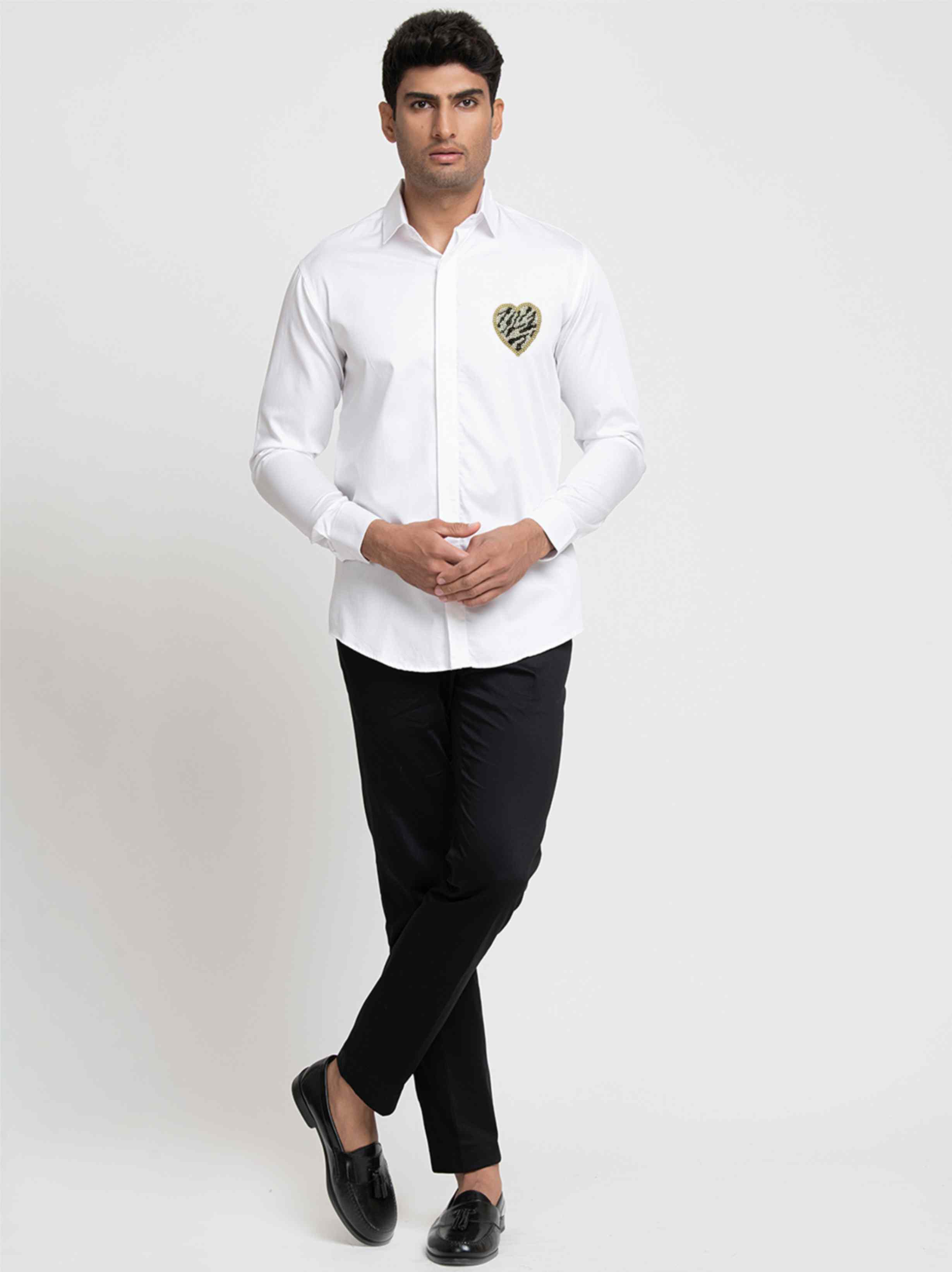White And Black Heart Shaped Patch Shirt by Hilo Design | Grocsy