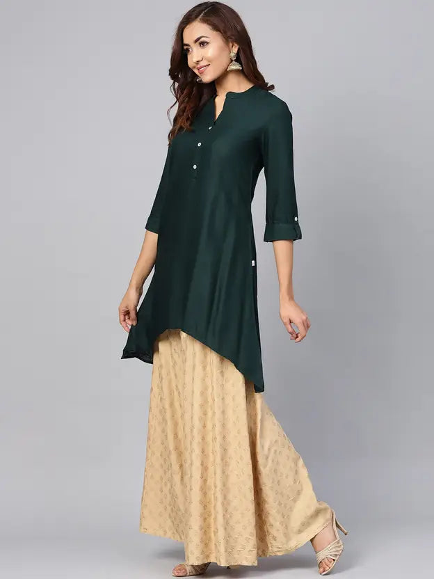 Juniper Women Solid Viscose Rayon Asymmetric Kurta (Dark Green) | Grocsy