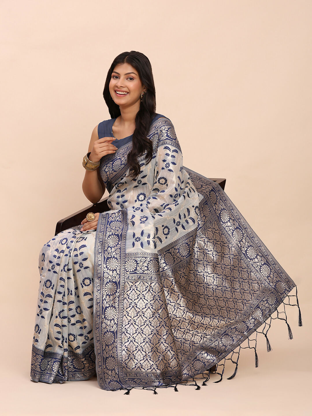 Shree Shyam Fashion Linen Cotton Navy Blue Saree | Grocsy