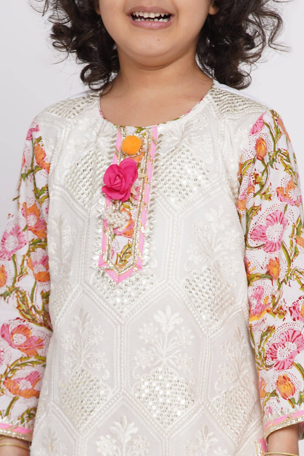 Little Bansi Girls Cotton Floral work Kurta with Floral Sharara & Dupatta - White | Grocsy