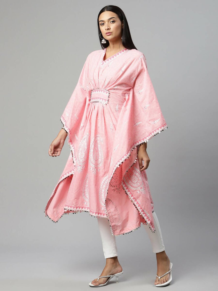 Ahalyaa Women Pink Pure Cotton Printed Kaftan Kurta | Grocsy