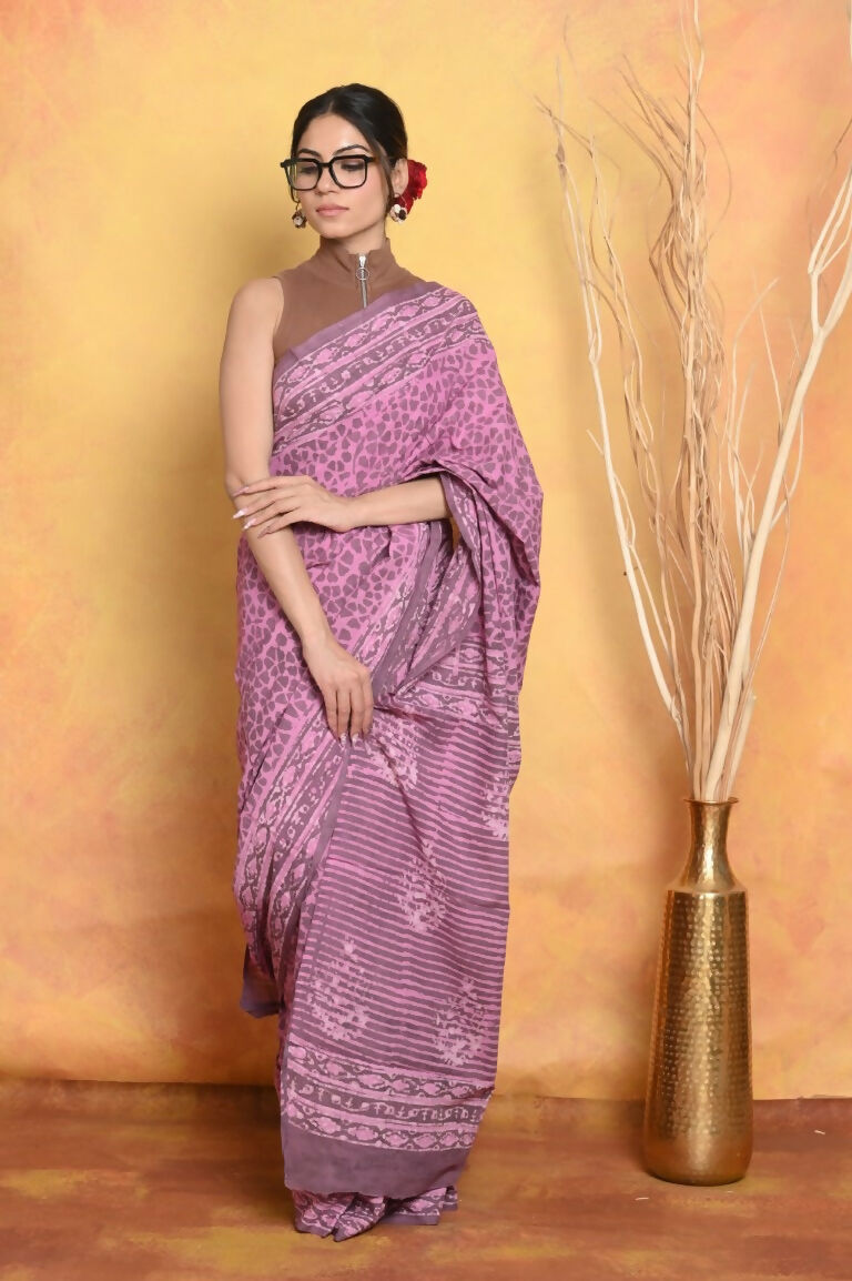 Very Much Indian Handblock Printed Cotton Saree With Natural Dyes - Pink | Grocsy