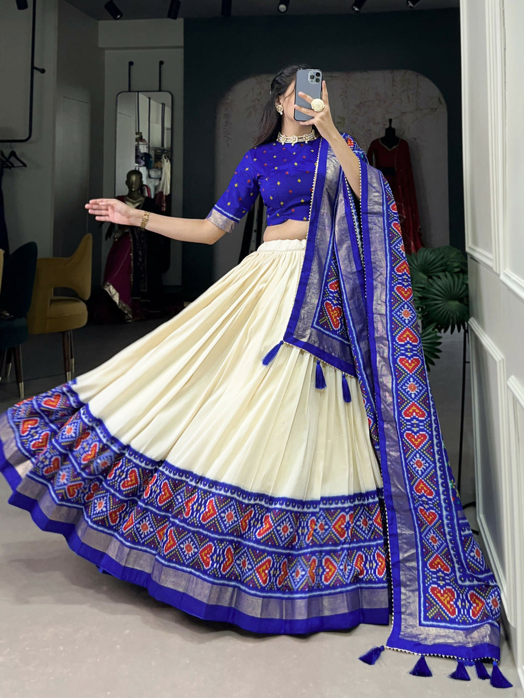 Lorenvalley Offwhite and Royalblue Tussar Silk Patola Print Lehenga Choli | Grocsy