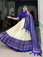 Lorenvalley Offwhite and Royalblue Tussar Silk Patola Print Lehenga Choli | Grocsy