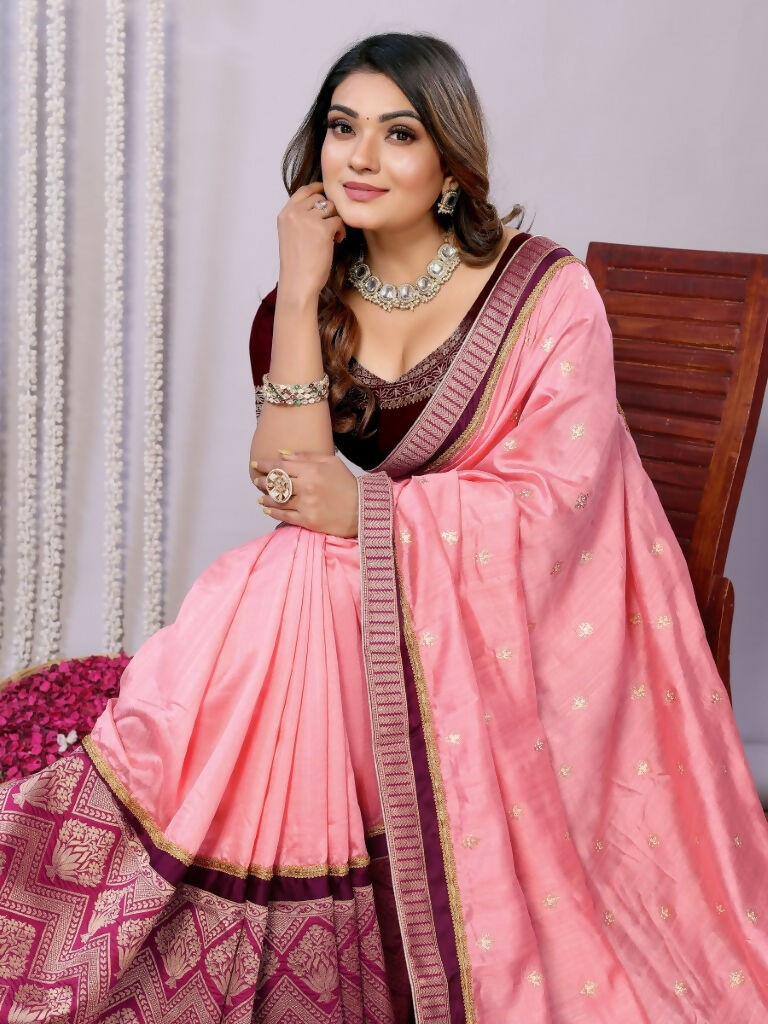 Pink Tusser Silk Zari And Sequins Embroidery Saree - Norita Saumya | Grocsy