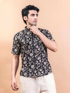 Miravan Men's Floral Printed Half Sleeve Spread Collar Ethnic Motifs Black Slim Fit Shirt | Grocsy
