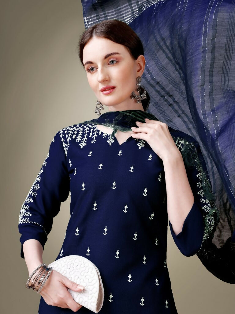 Jyoti Fashion Women's Navy Blue Cotton Blend Embroidery & Sequence work Kurta with Trouser & Dupatta | Grocsy