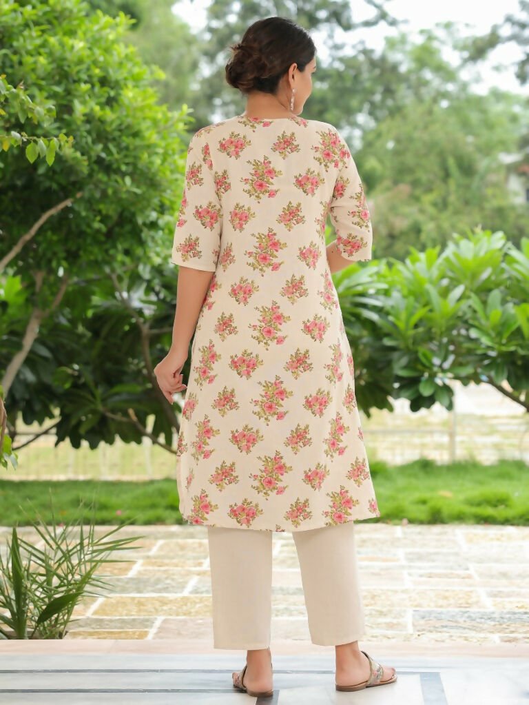 Aramya A-line Linen Cotton Floral Print Women's Kurta - Pink | Grocsy