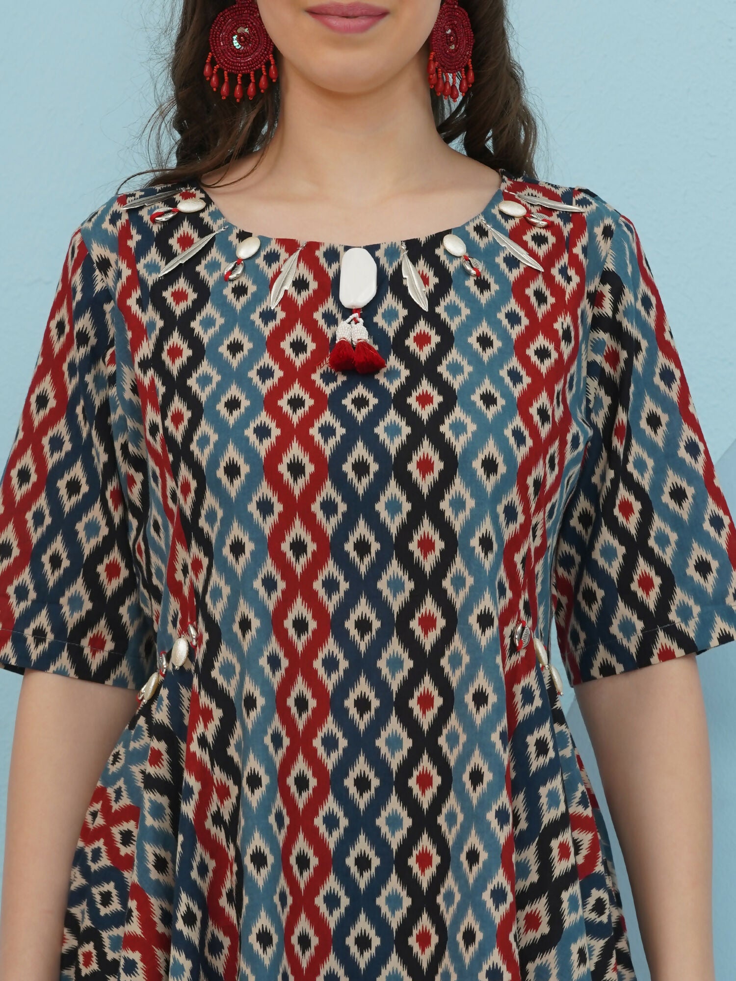 Joban Fashion Ikkat Printed Co Ord Set - Blue Red | Grocsy