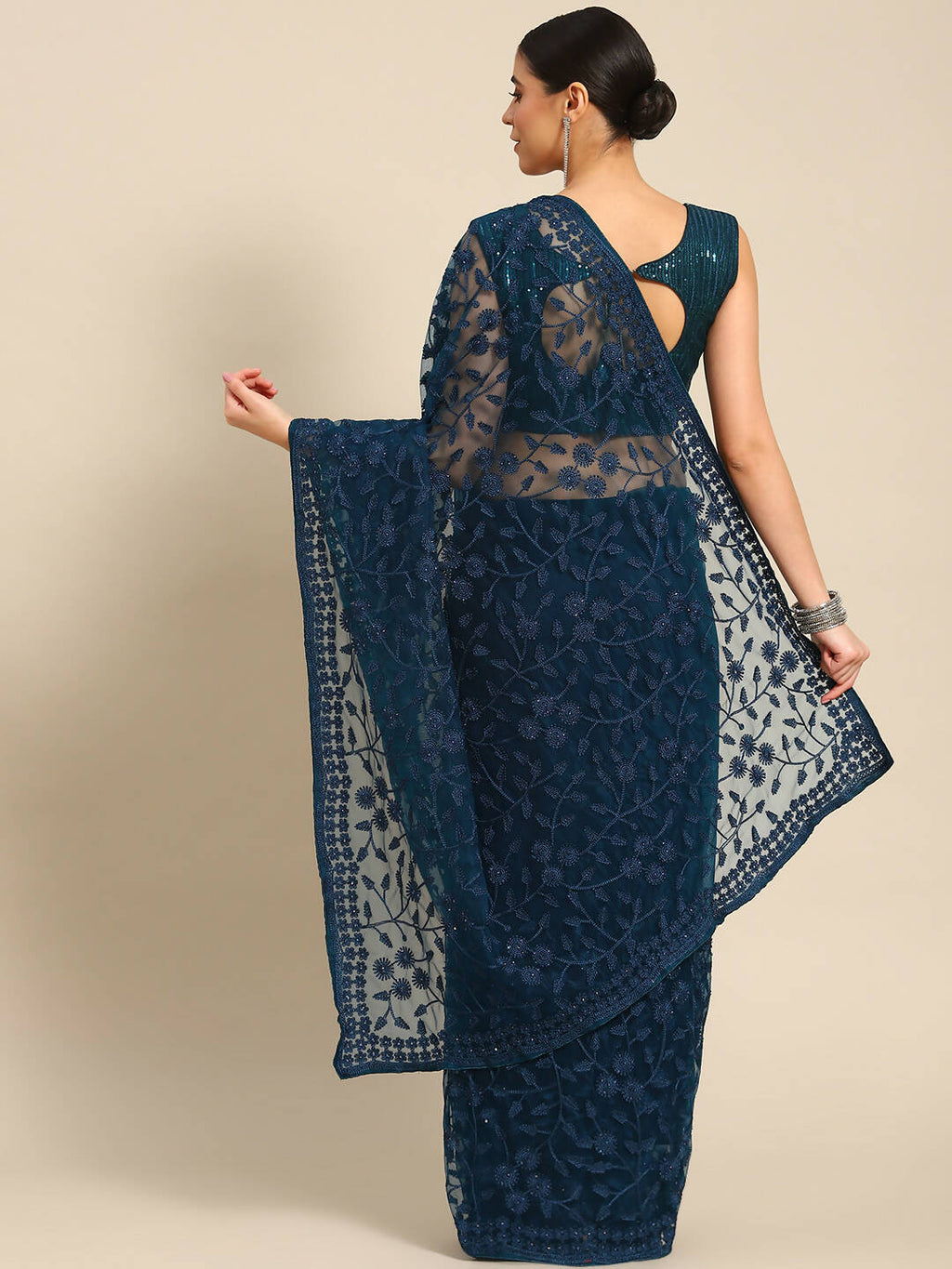 Blue Woven Design Net Saree with Blouse Piece - Kalamkari | Grocsy