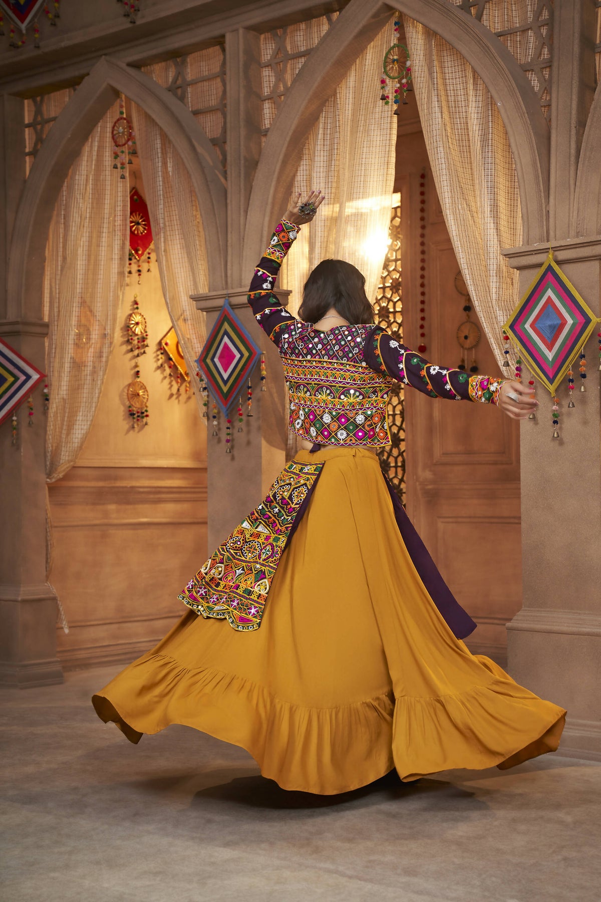 Mustared Yellow Viscose Rayon Thread Embroidered Work With Mirror All Over Navratri Lehenga Choli With Dupatta - Raas | Grocsy