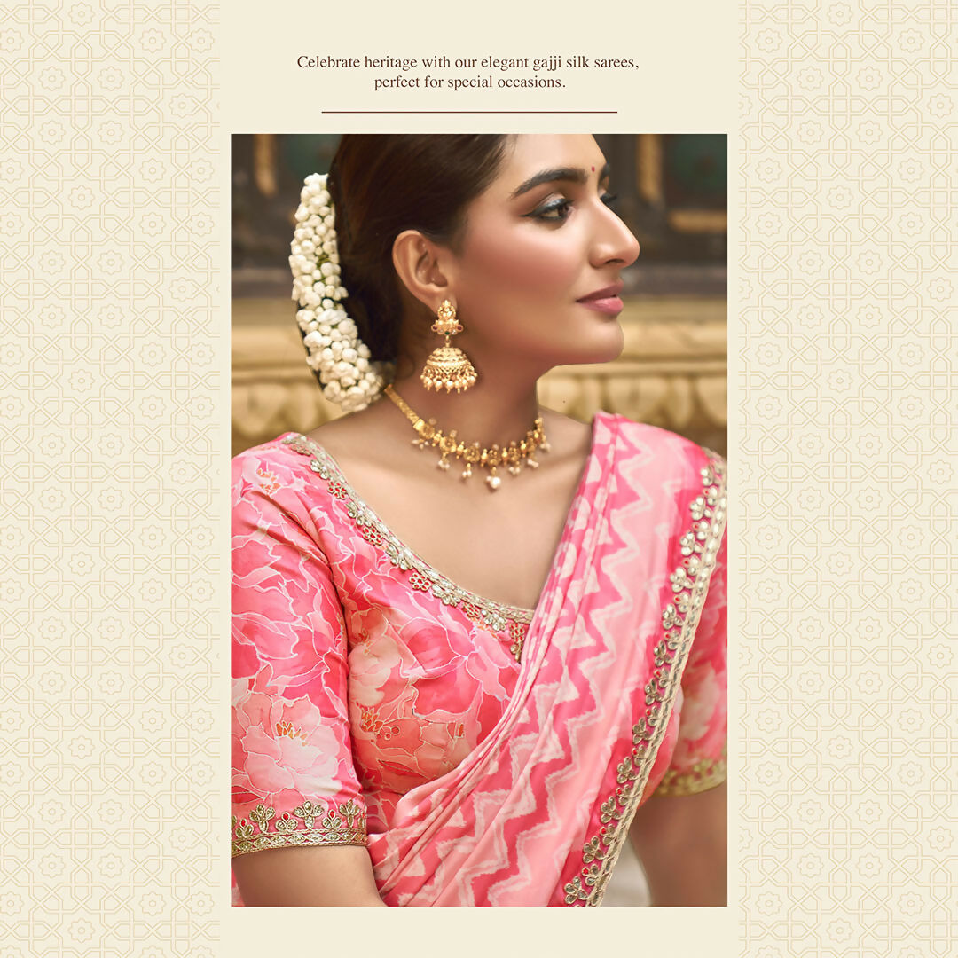 Pink Gajji Silk Foil With Moti Work Saree With Unstitched Blouse - Norita Gajri | Grocsy