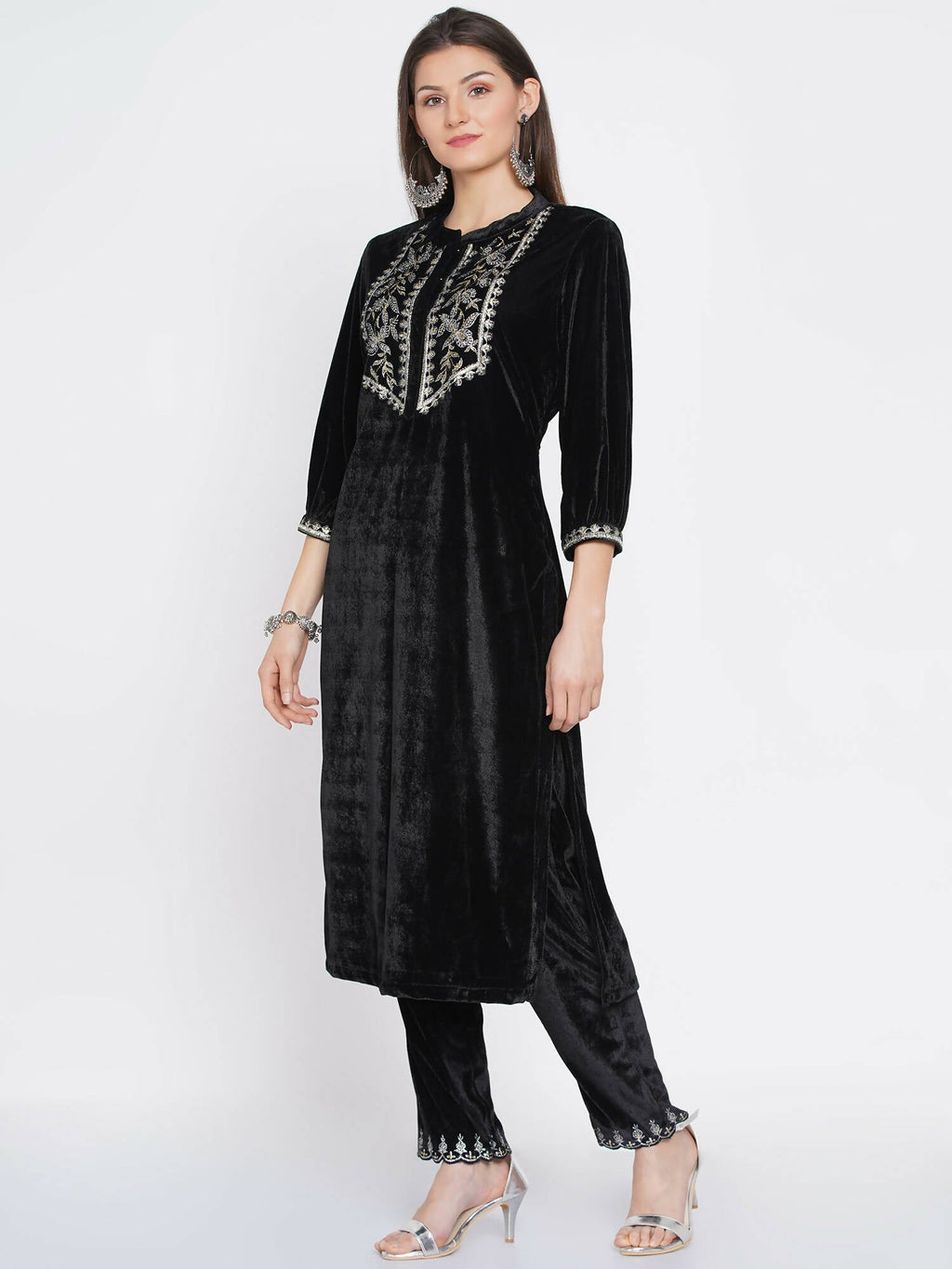 Women Republic Black Velvet Embroidered Kurta With Pants | Grocsy