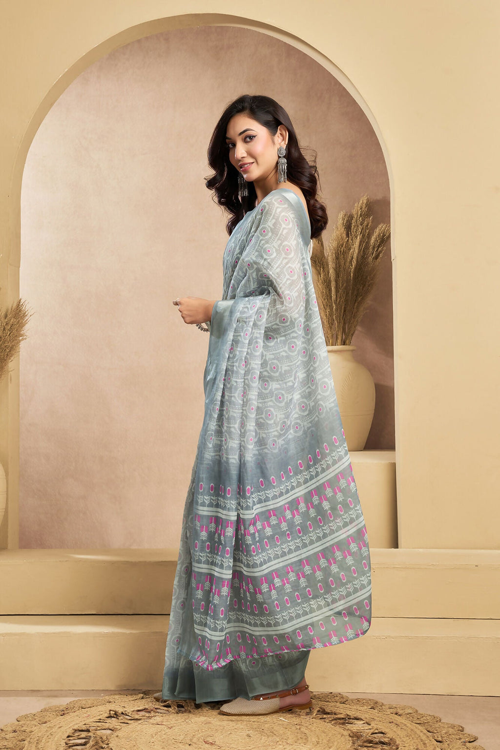 Vastranavya Grey Digital Printed Linen Ready To Wear Designer Saree with Unstitched Blouse | Grocsy