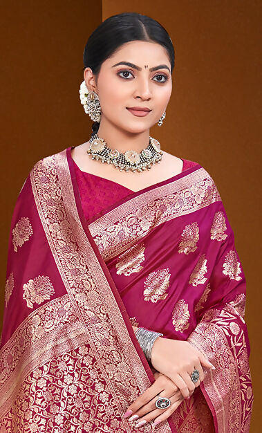 Sangam Prints Dark Pink Silk Woven Work Traditional Saree | Grocsy