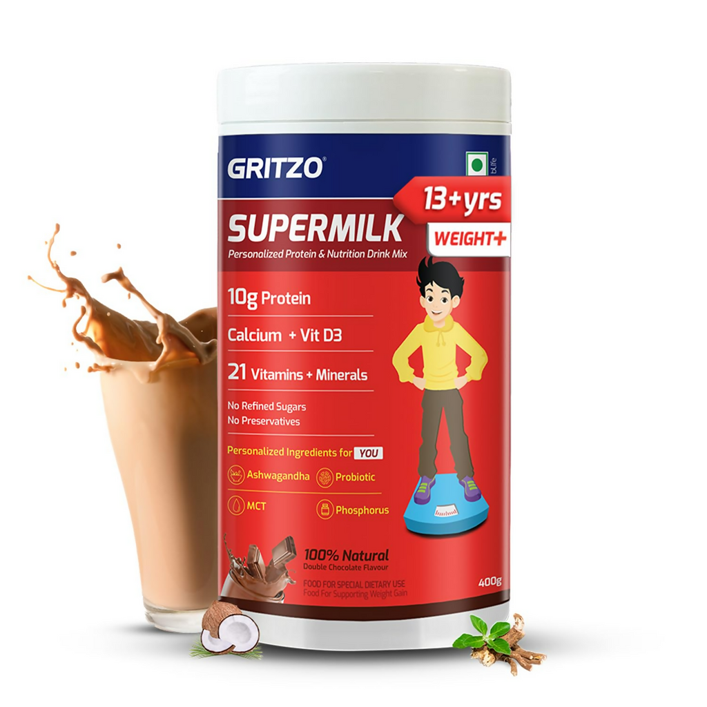 Gritzo SuperMilk Weight+ (13+y Boys), 10g Protein Powder (Double Chocolate) | Grocsy