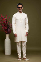 Raivat Ethnic Art Banarasi Silk Thread Work Kurta Pajama In Cream Colour | Grocsy