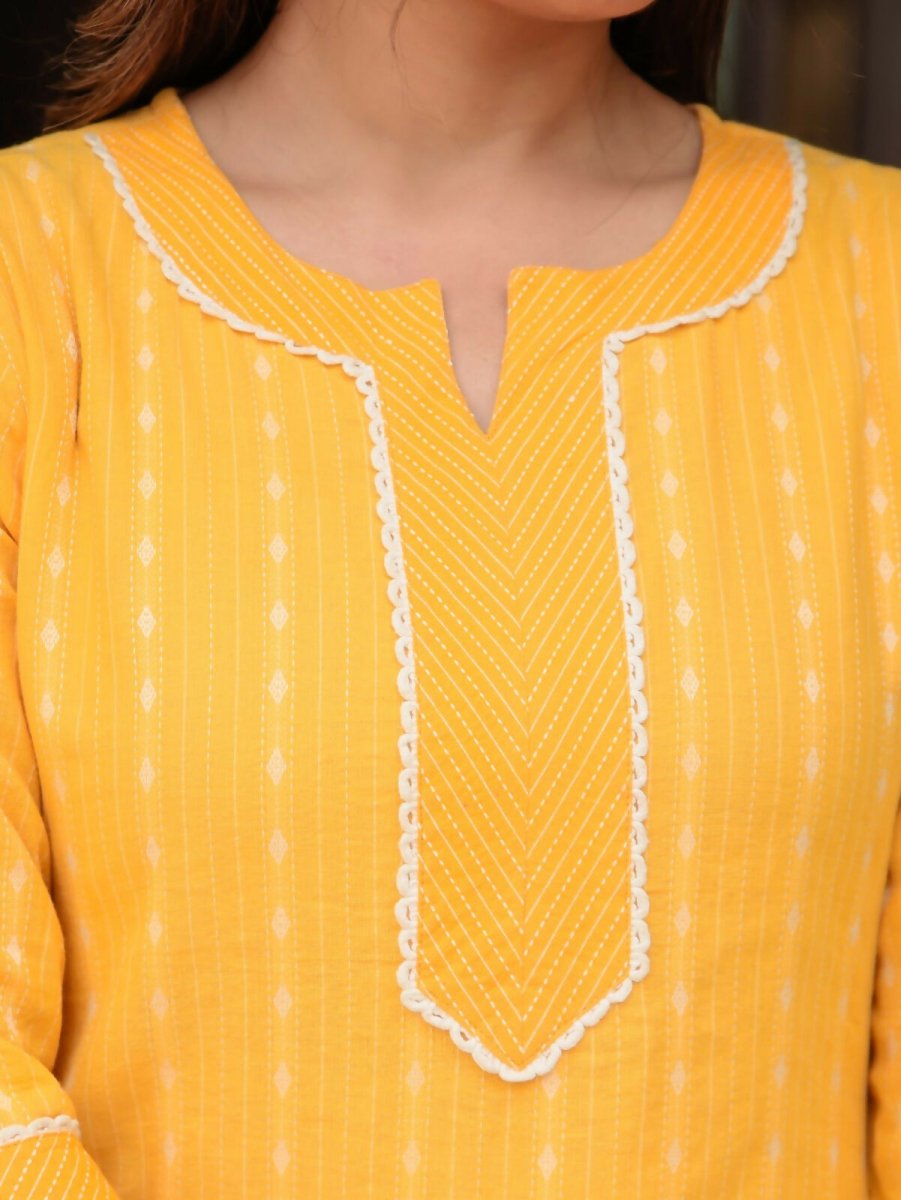 Aramya Straight Kantha Cotton Woven Design Print Women's Kurta - Yellow | Grocsy