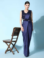 Blue Imported Crush Lycra Texture Pattern Ready to Wear Saree with stitched Blouse - Nirvana | Grocsy