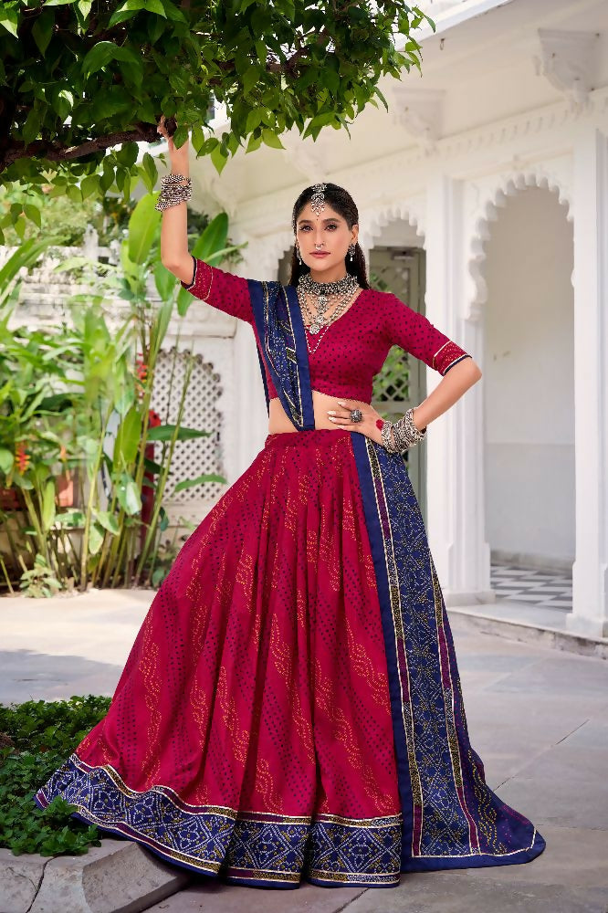Evanik Pink Tassa Silk With Bandhej Print Lehenga Choli | Grocsy