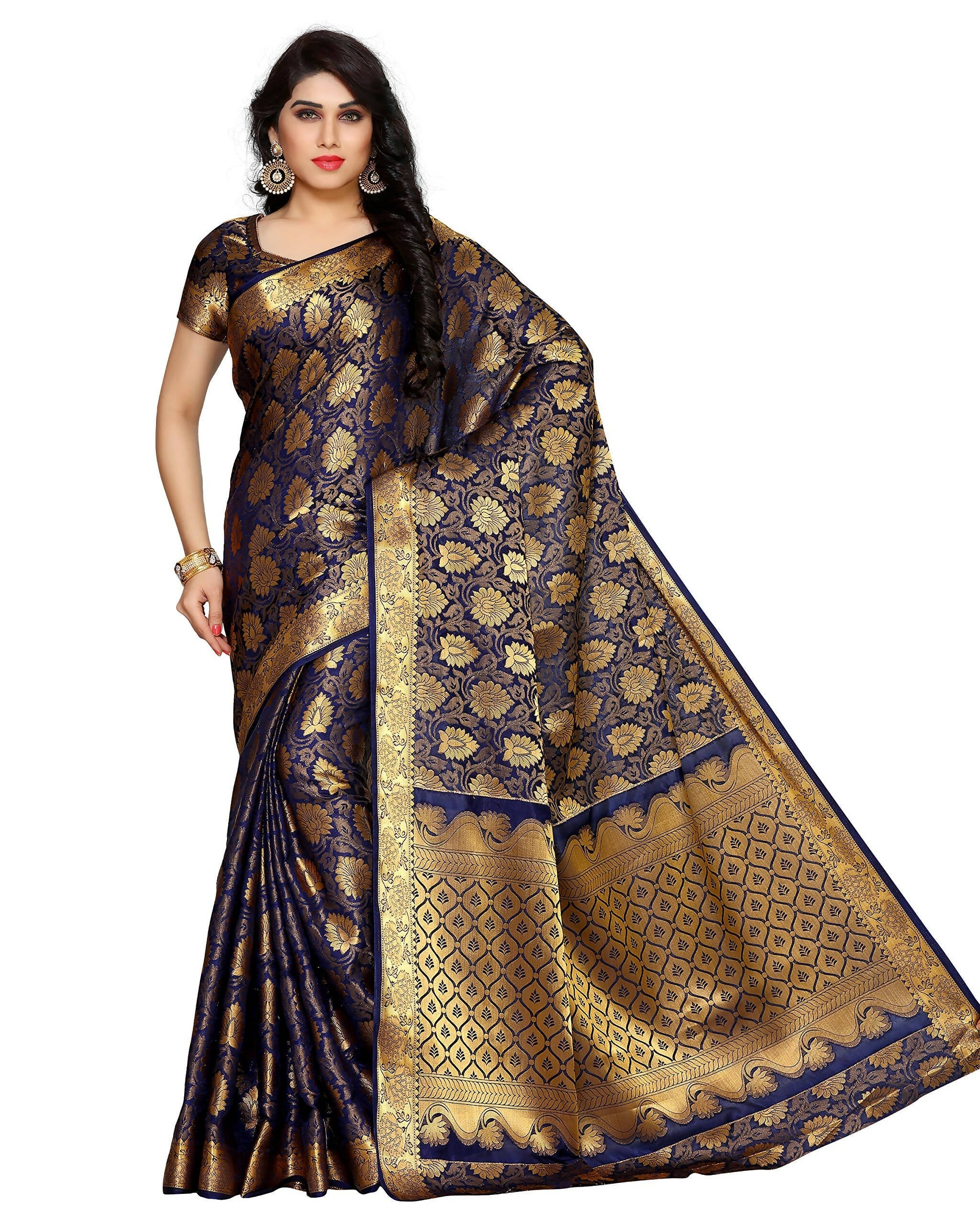Mimosa Women's Kanchipuram Silk Navy Blue Saree | Grocsy