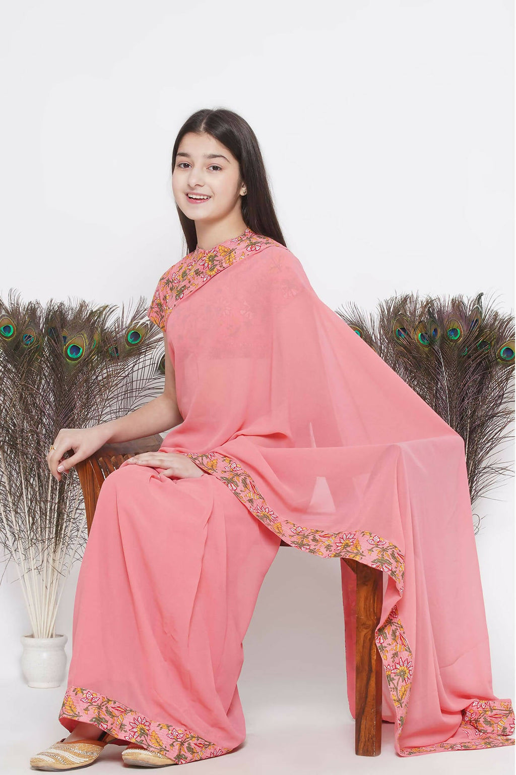 Little Bansi Floral Print Ready To Wear Saree And Floral Blouse - Coral | Grocsy