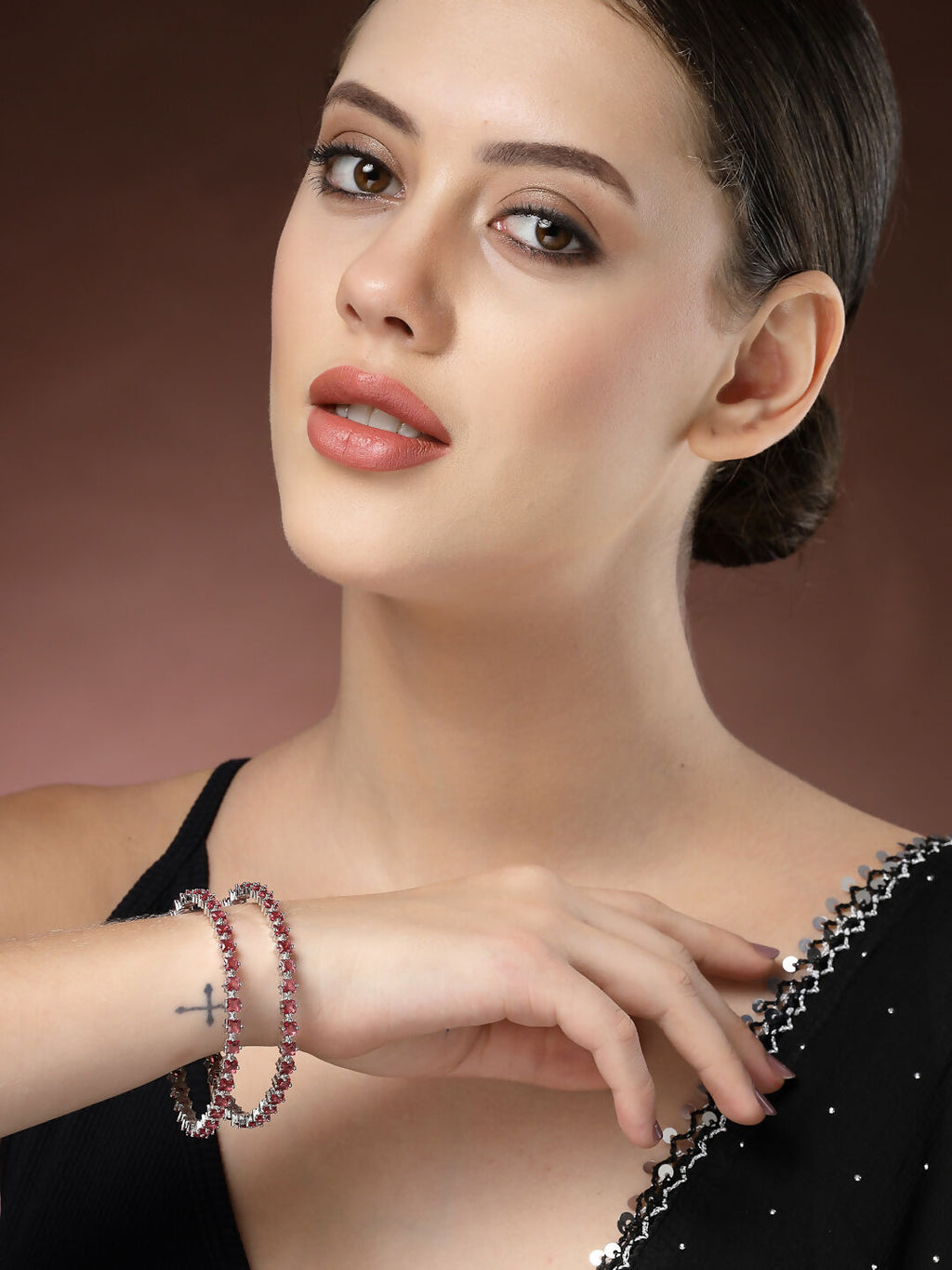 NVR Women's Set of 2 Pink CZ Stone-Studded Handcrafted Bangles