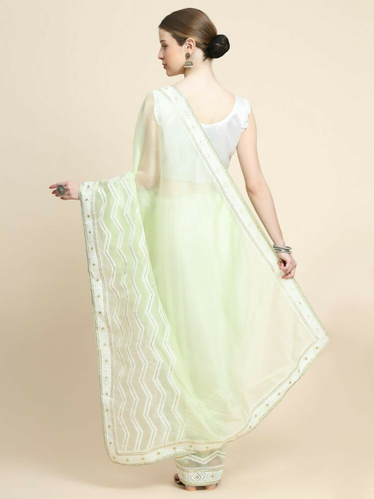 Vamsee Banno Lehriya Pista Green Organza Saree | Grocsy