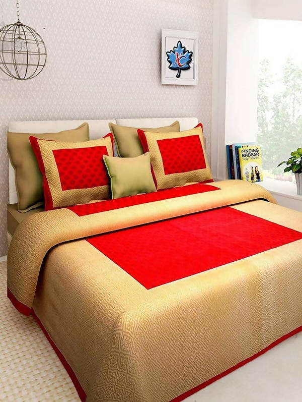 Vamika Printed Cotton Cream & Red Color Bedsheet With Pillow Covers (LEOC_GADD_R) | Grocsy