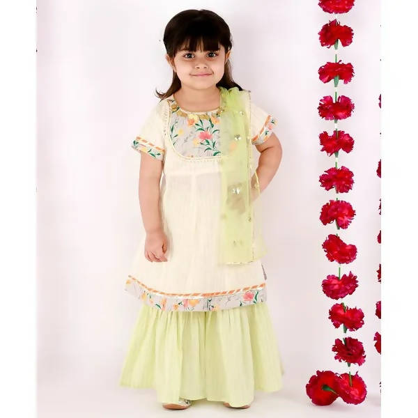 Little Bansi Girls Green Sikka work Gold strip Kurta Frock with sharara and Dupatta | Grocsy