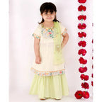 Little Bansi Girls Green Sikka work Gold strip Kurta Frock with sharara and Dupatta | Grocsy