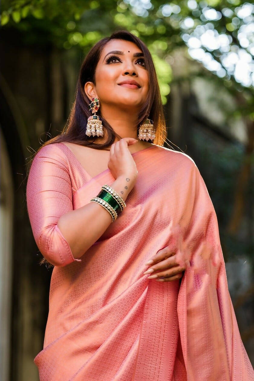 DEIANA'S Beautiful Designer Golden zari Soft Lichi Silk Saree - Light Pink | Grocsy