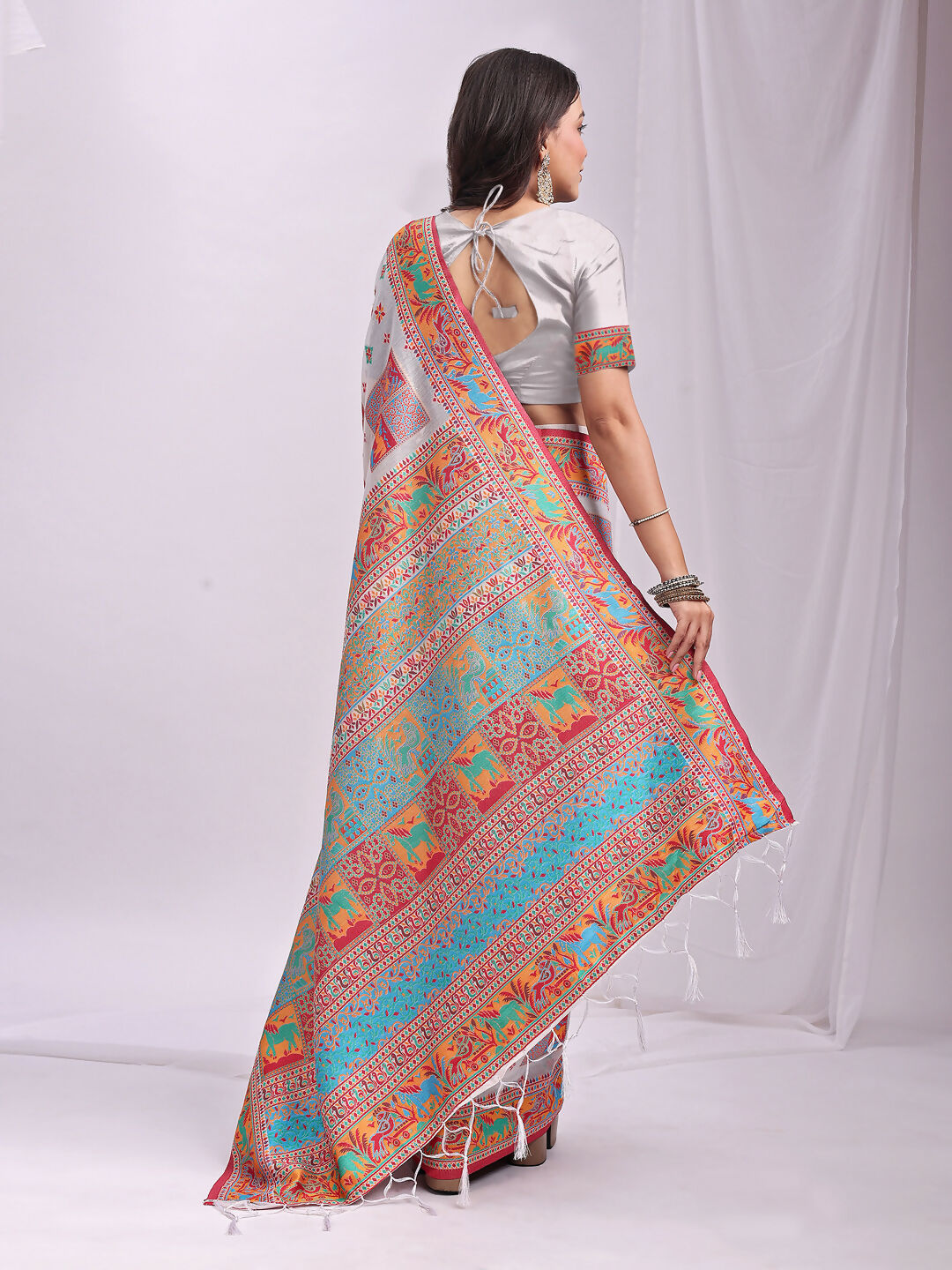 Shree Shyam Fashion Vastraloom White Linen Cotton Saree | Grocsy