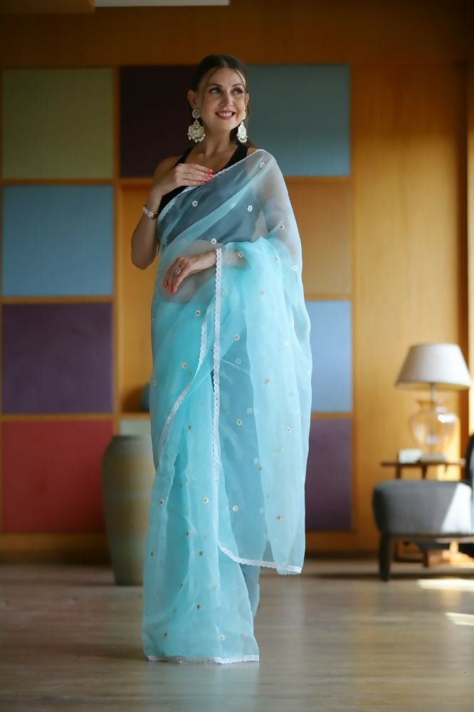 Vamsee Manbhari Sky Organza Saree | Grocsy