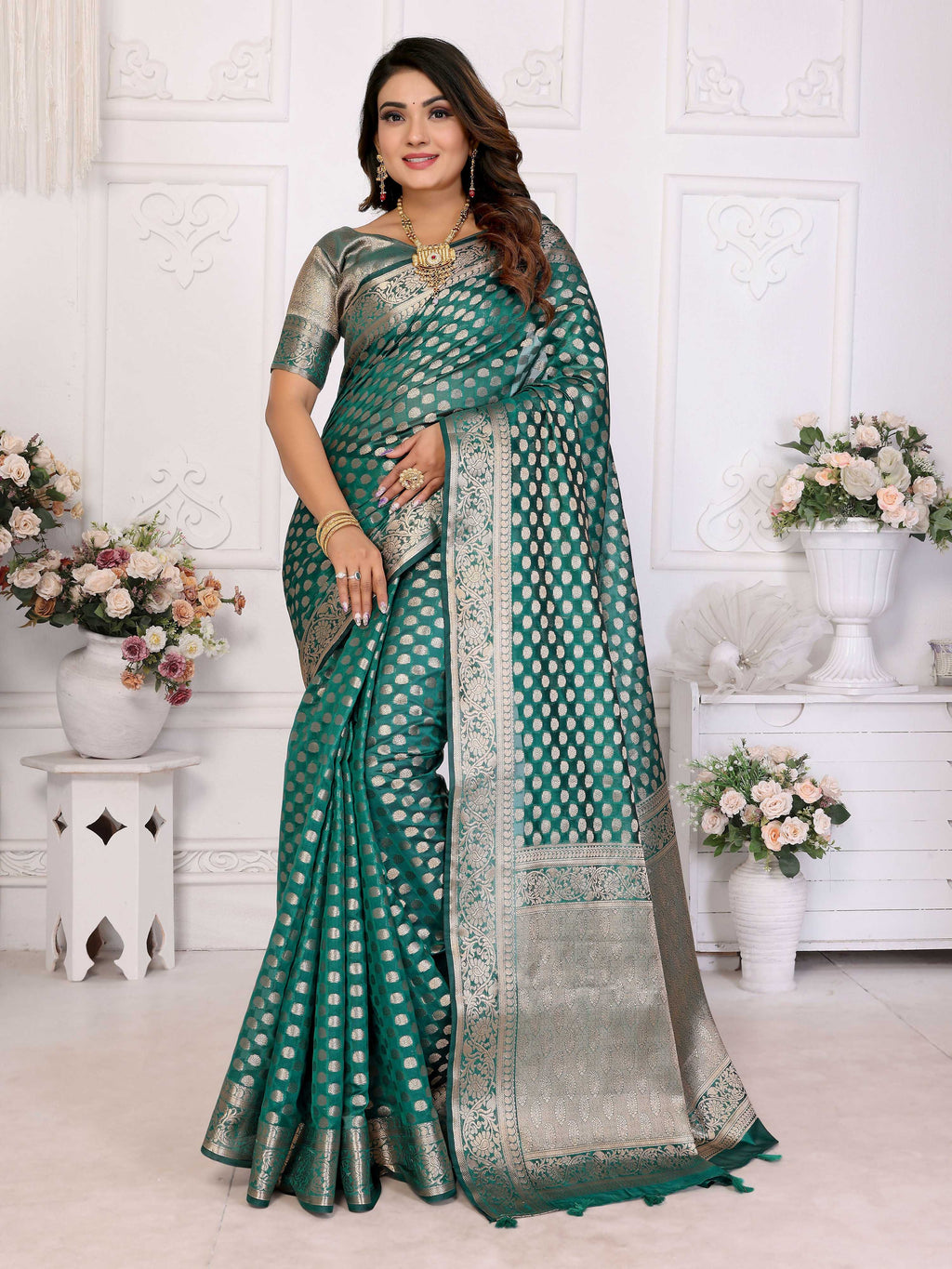 Aastha Fashion Green Organza Silk Weaving Saree | Grocsy