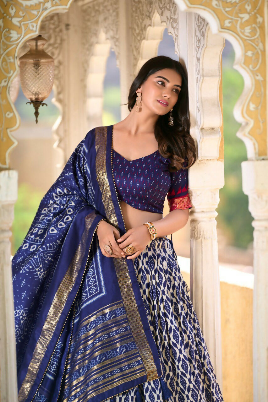 Vastranavya Designer Ikkat Print With Foil Work Lehenga Choli - Navy Blue | Grocsy