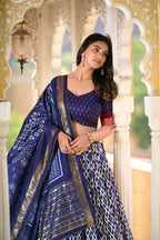 Vastranavya Designer Ikkat Print With Foil Work Lehenga Choli - Navy Blue | Grocsy