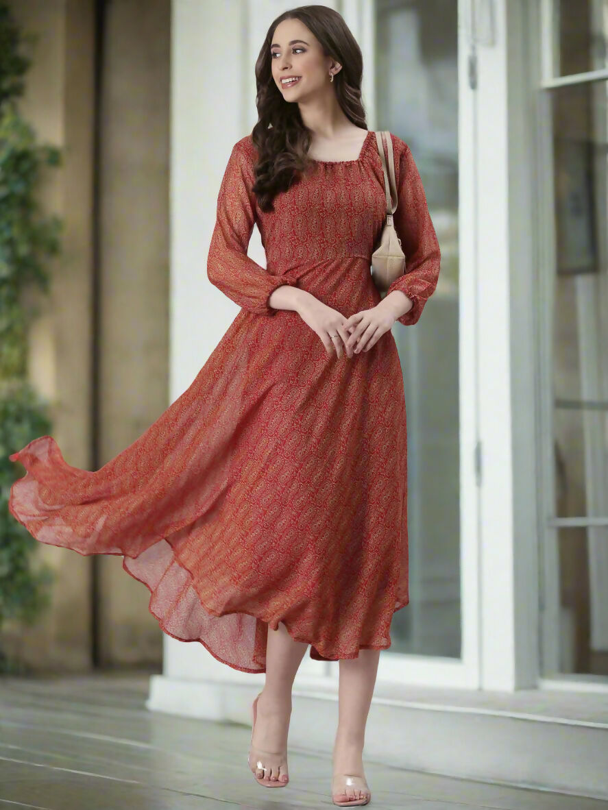 Souchii Rust Orange Printed Fit & Flare Dress | Grocsy