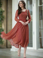 Souchii Rust Orange Printed Fit & Flare Dress | Grocsy